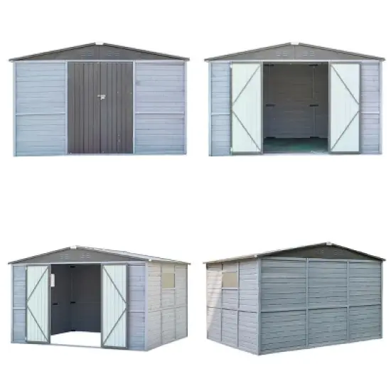 Outdoor Gray Backyard Storage Shed,Iron-Wood Frame Garden Bike Shed with Windows,Iron Doors,All-Weather Waterproof Garden Tool Shed-Coolbibila image {5}