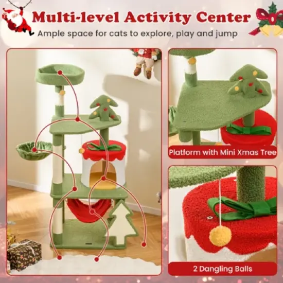 Costway 52" Tall Christmas Cat Tower w/ Sisal Scratching Posts & Xmas Tree Pet Indoor Furniture Holiday Decoration image {6}
