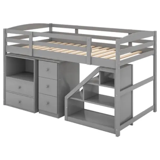 Twin Size Loft Bed with Multifunctional Movable Built-in Desk and Staircase-ModernLuxe image {4}