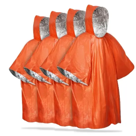 FosPower 4 Pack Emergency Ponchos for Adults, Survival Blanket Retains 90% Body Heat, Waterproof & Reusable Hiking Raincoat Hooded, Orange image {10}
