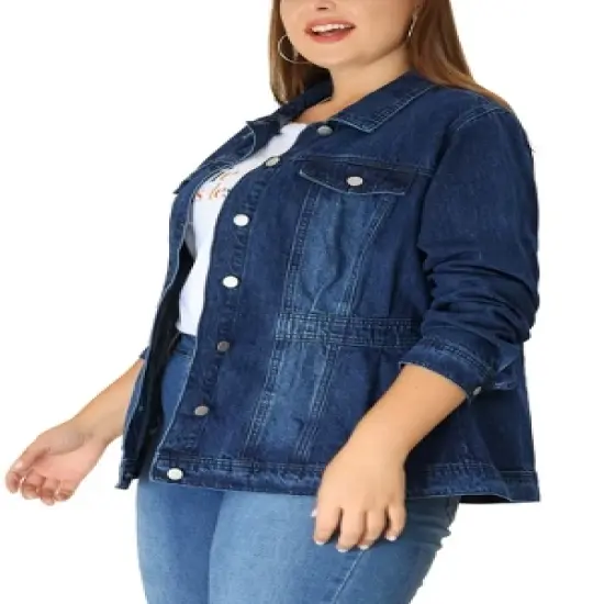 Agnes Orinda Women's Plus Size Classic Denim Washed Front Long Sleeve Jean Jackets image {9}