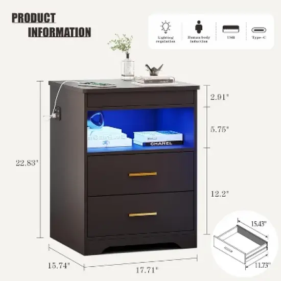Fredees Night Stand with Drawer, Charging Bedside Table with USB & Type-C Port, LED Nightstand with Human Sensor Light. image {1}