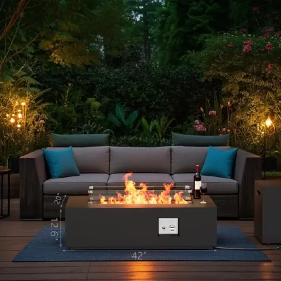 Evita 50,000 BTU Outdoor Fire Pit Table with Propane Tank, Windshield, Glass Stone and Rain Cover-42*20*12 Inch, Black image {2}