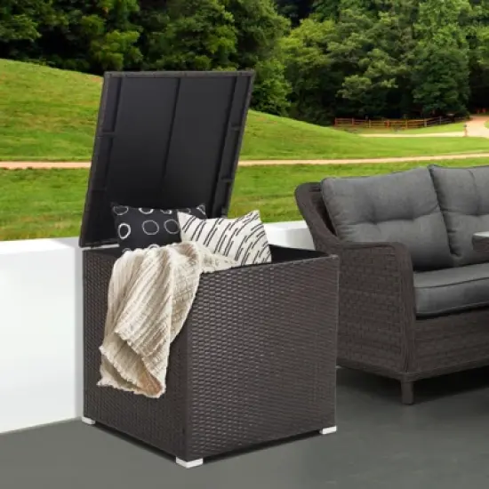 Tangkula 72 Gallon Deck Box Outdoor Mix Brown Wicker Storage Box with Waterproof Zippered Liner and Safe Pneumatic Rod image {2}