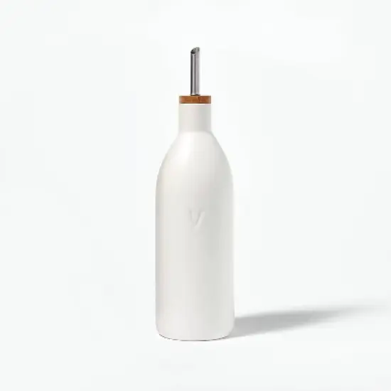 Ceramic Vinegar Pour Bottle Cream - Figmint&trade;: Stoneware Oil Dispenser, Stainless Steel & Wood Lid, 18.7oz Capacity image {3}