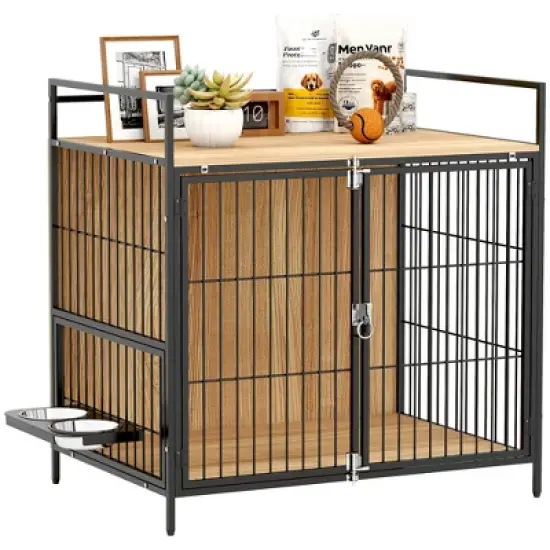 PawHut Dog Crate Furniture, 30 Inch Pet Kennel Furniture End Side Table with Rotatable Bowls, 2 Anti-Escape Doors, Top Storage Shelf, for M Dogs, Oak image {6}