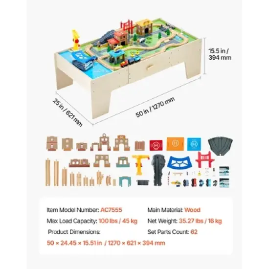 VEVOR Train Table, 62 Multicolor Pieces Wooden Kids Activity Table with Large Storage Drawer, 3-in-1 Wooden Train Set for Kids Ages 3+, Multicolor image {7}