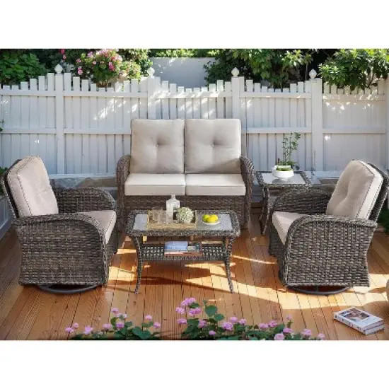 SUGOLD 5-Piece Patio Furniture Set, PE Wicker Outdoor Conversation Set with All-Weather Swivel Chairs & Glider Couch for Deck, Poolside, Backyard image {1}
