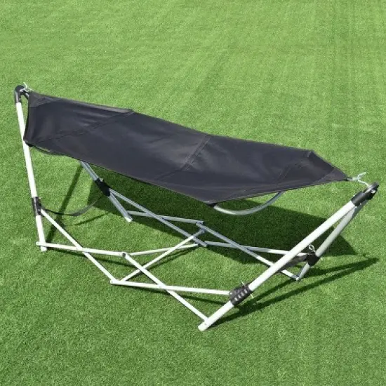 Costway Black Portable Folding Hammock Lounge Camping Bed Steel Frame Stand W/Carry Bag image {2}