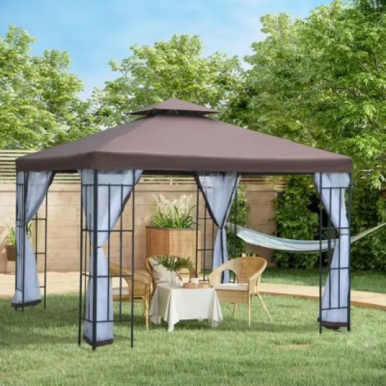 Outsunny 10'x10' Outdoor Gazebo, Double Tiered Canopy Tent with Mosquito Netting, and Steel Frame for Patio, Backyards and Parties, Coffee image {2}