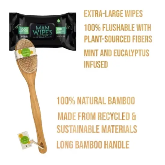Pursonic Clean & Refresh Bundle: 1200 Flushable Man Wipes (Mint Scented) - 12 Pack + Bath Body Brush With Long Bamboo Handle image {1}