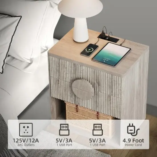 Fluted Nightstand, Side Table with 2 Drawer, Modern Farmhouse Nightstand with Open Shelves, Wood Nightstand for Bedroom Sofa Office image {2}