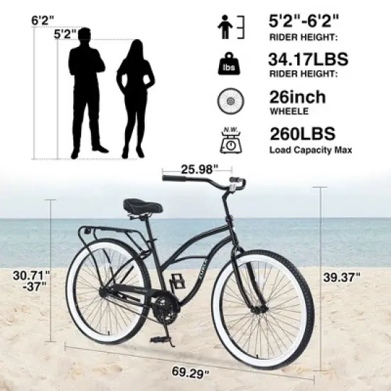 VASIP 26 inch Men's Steel Beach Cruiser Bike, Single-Speed with Coaster Brake, Wide Tires for Stability, Black image {3}