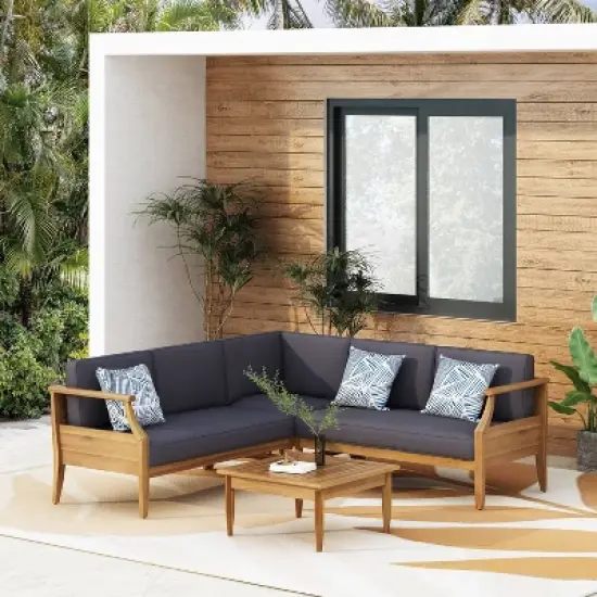 4pc Aston Outdoor Mid-Century Modern Acacia Wood Sectional Set with Cushions Teak/Dark Gray - Christopher Knight Home image {6}