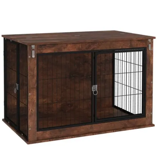 PawHut Dog Crate Furniture, 39" Dog Kennel Furniture with Flip-up Top Opening, 2 Doors, Dog Cage Side End Table for Large Dogs, Rustic Brown image {6}