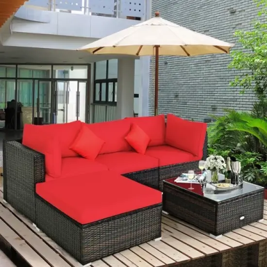 Tangkula 5PCS Rattan Sectional Sofa Set Patio Furniture Set w/ Red Cushion Pillow image {3}