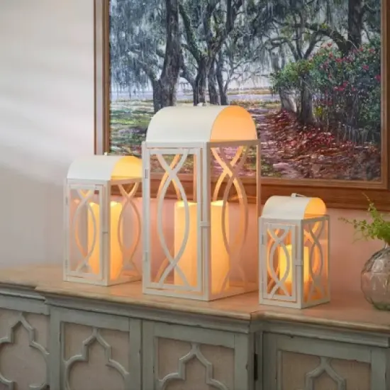 Pebble Lane Living Rogan Metal Lantern Set White image {3}