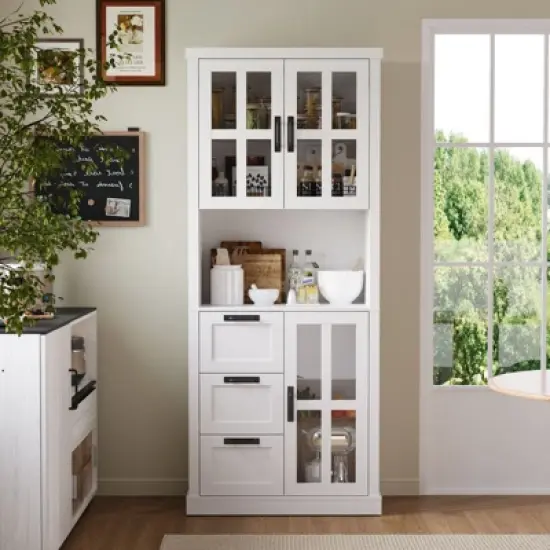 Famapy Modern Kitchen Pantry Cabinet,Tall Storage Organizer with Drawers,Glass Doors for Display,Floating Open Shelf,for Spices and Dishes image {13}