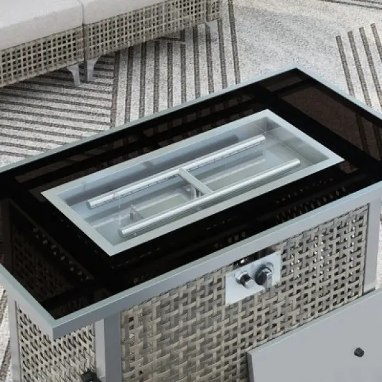 43" Propane Gas Fire Pit Table, 60000 BTU Rectangular Open Weave Wicker Fire Pit with Glass Wind Guard for Outside Patio Deck Garden Backyard - Grey image {6}