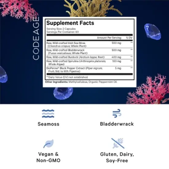 Codeage Raw Wildcrafted Irish Sea Moss, Bladderwrack, Burdock, Spirulina & BioPerine Black Pepper Supplement - 120ct image {2}