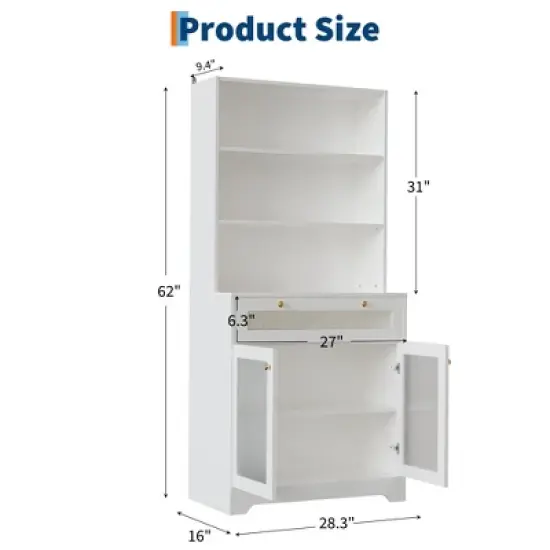 62" Pantry Cabinet - 6-Tier Freestanding Tall Cupboard Storage Unit with Glass Doors, 1 Drawer,2 Cabinets & 3 Open Shelves for Kitchen Dining Room image {1}
