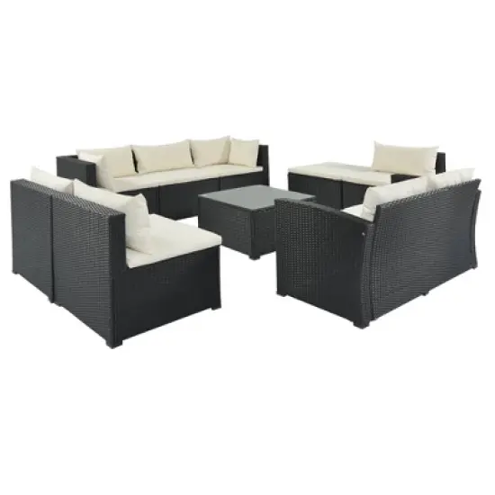 9pc Wicker Patio Sectional Seating Set with Cushions - Black/Beige - GODEER image {7}