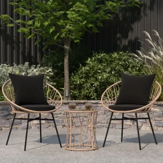 Merrick Lane 3 Piece Patio Set with Rope Rattan Chairs, Matching Glass Top Side Table and Cushions for Indoor/Outdoor Use image {1}