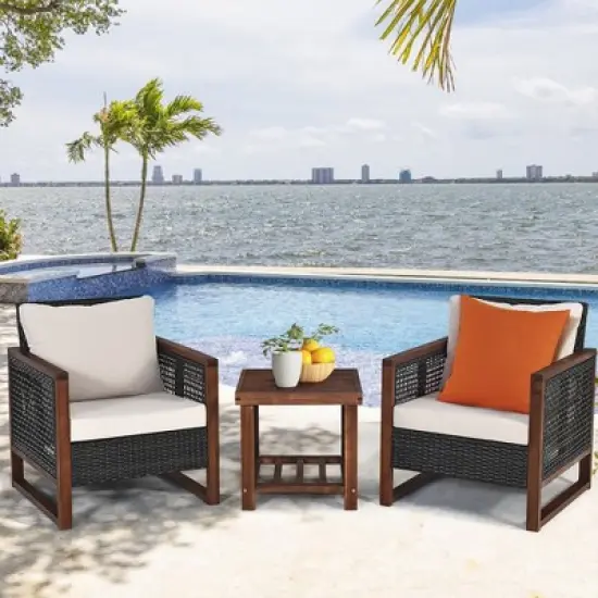 Costway 3PCS Patio Wicker Furniture Set Solid Wood Frame Cushion Sofa w/ Square Table Shelf image {11}