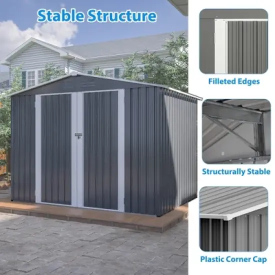 8 x 6 FT Outdoor Waterproof Garden Tool Storage Sheds with Metal Foundation with Floor Frame,with Lockable Doors & Air Vents, for Backyard, Lawn, Gray image {3}