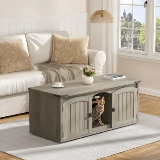 Double Cat Litter Box Enclosure, Hidden Litter Box Furniture for 2 Cats, Cat House with Scratch Pad image {6}