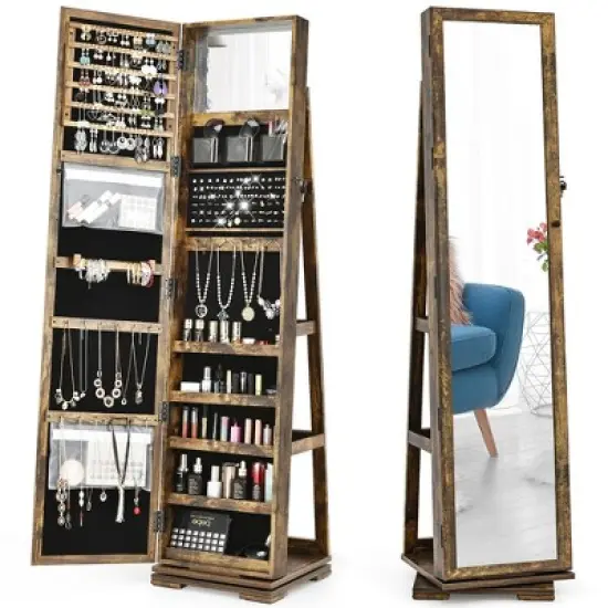 Costway 360degree Rotatable Jewelry Cabinet 2-in-1 Lockable Mirrored Organizer image {12}