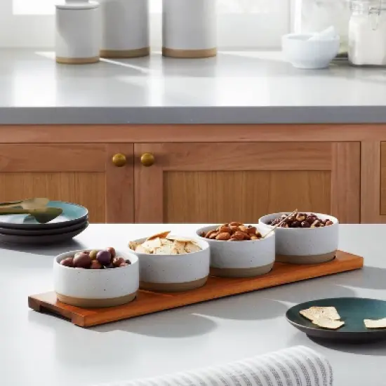 Wood Paddle with 4 Speckled Stoneware Bowls - Hearth & Hand&trade; with Magnolia image {1}