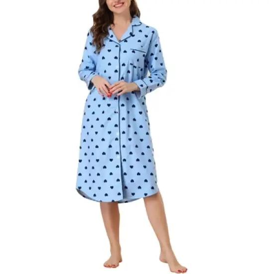 cheibear Womens Button Down Plaid Heart Printed Shirtdress Sleepshirt Loungewear Pajama Shirt Dress image {7}