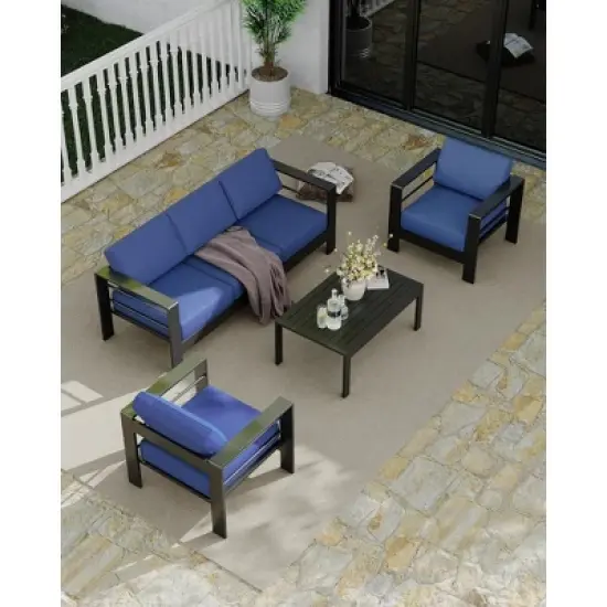4-Piece Outdoor Patio Sofa Set with Aluminum Frame, Removable Cushions and Coffee Table for Backyard and Porch image {8}