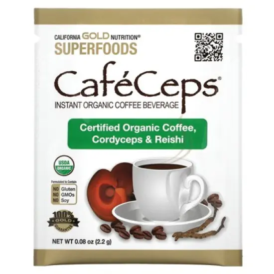 California Gold Nutrition CafeCeps, Certified Organic Instant Coffee with Cordyceps, and Reishi Mushroom Powder, 30 Packets, 0.08 oz (2.2 g) Each image {2}