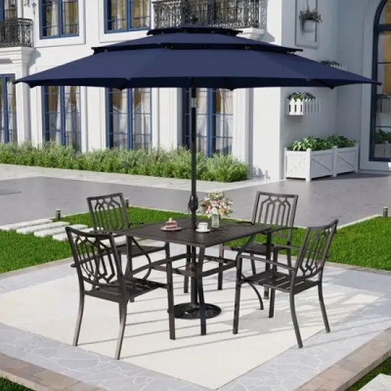 Captiva Designs 6pc Outdoor Patio Square Steel Dining Table with Stackable Metal Chairs and Market Umbrella image {15}