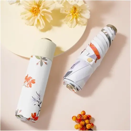 Clotth Folding Umbrella - Sunny and Rainy Dual-use Parasol, Lightweight Portable, Colored printed Double-purpose Sunshade, Golden - Early Spring image {7}