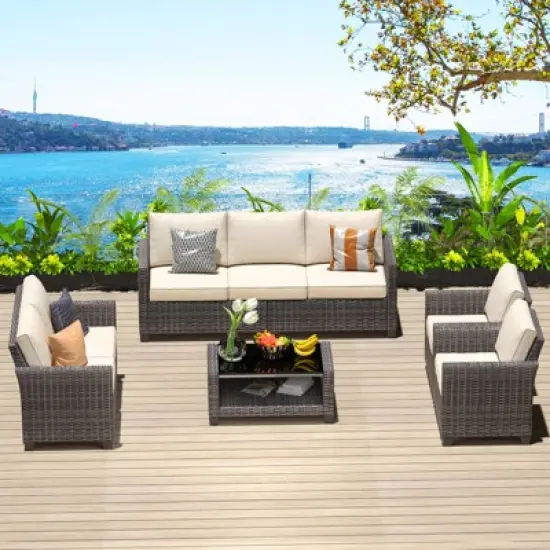 5-Piece Patio Wicker Conversation Sofa Set with Coffee Table,Rattan Sofa Chair with Cushion image {2}