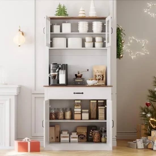 71" Kitchen Pantry Cabinet with Microwave Stand - Freestanding Coffee Bar Storage with Glass Doors & Adjustable Shelves for Dining Room white image {2}