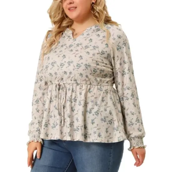 Agnes Orinda Women's Plus Size Floral Ruffle Neck Drawstring Waist Long Sleeve Peplum Tops image {1}