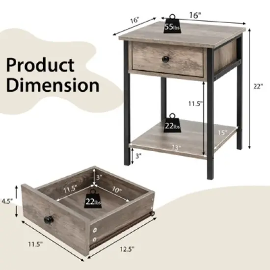 Tangkula Industrial End Side Table Nightstand with Drawer Shelf Rustic Grey Oak image {8}