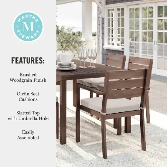 Martha Stewart Bedford Indoor-Outdoor Patio Set with 62" Table and 6 Dining Chairs with Brushed Woodgrain Aluminum Finish and All-Weather Seat Cushion image {6}