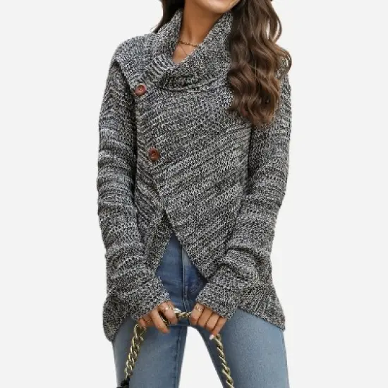 Women's Buttoned Turtleneck Wrap Sweater - Cupshe image {5}