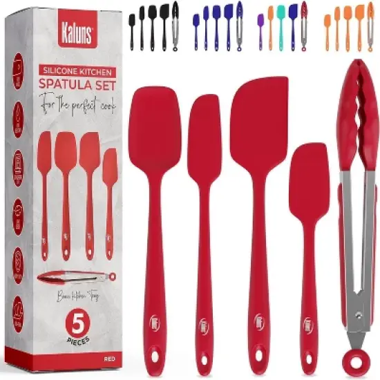 Kaluns Silicone Spatula Set, 4 Rubber Spatulas & Tong Set, Nonstick Seamless Design with Stainless Steel Core - Red image {6}
