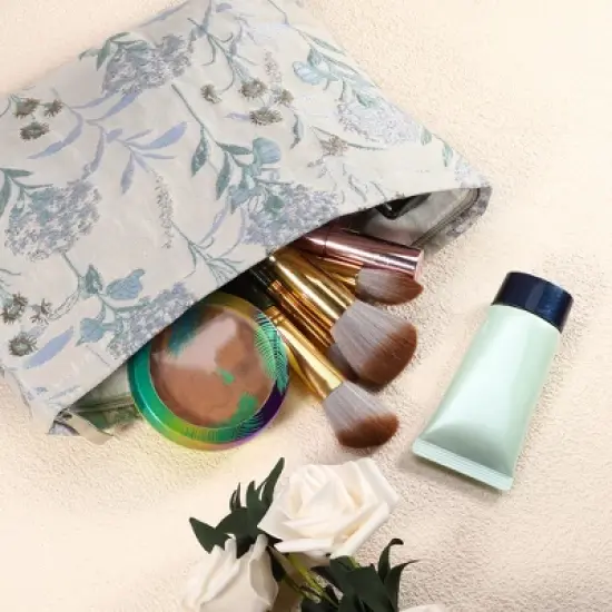 Unique Bargains Travel Canvas Floral Zipper-Closure Makeup Bag Light Blue 1 Pc image {1}