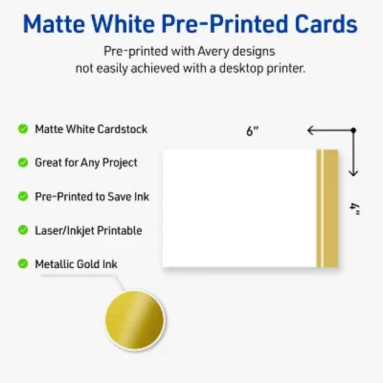 Avery Printable Rectangle Postcards, Gold Double-Dipped Edge, 4" x 6", Matte White Rectangle Postcards, Laser/Inkjet, 20ct, Great for Postcards image {1}