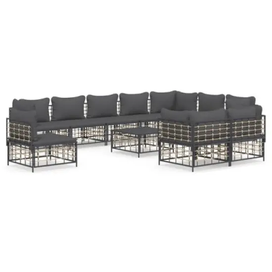 vidaXL 11-Piece Patio Lounge Set with Cushions - Anthracite Poly Rattan with Modular Design, Comfortable Padded Seats and Sturdy Tabletop image {9}