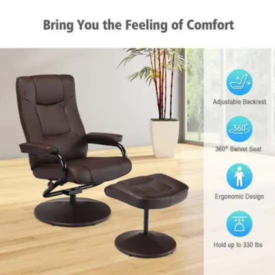 Costway Recliner Chair Swivel PU Leather Lounge Accent Armchair w/ Ottoman Brown image {4}