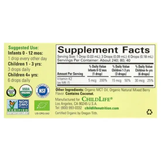 ChildLife Essentials Organic Vitamin K2 Drops, Natural Berry, 5 mcg, 0.25 fl oz (7.5 ml) image {1}