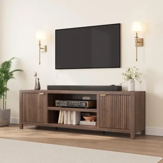 Garvee 70" TV Stand Entertainment Center with Storage, Fluted Door and Gold Handle, Wooden Media Console Cabinet for Living Room, Bedroom image {6}